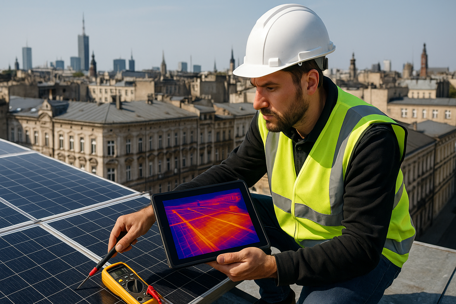 Serwis fotowoltaiki w Łodzi – technik sprawdza panel PV na dachu