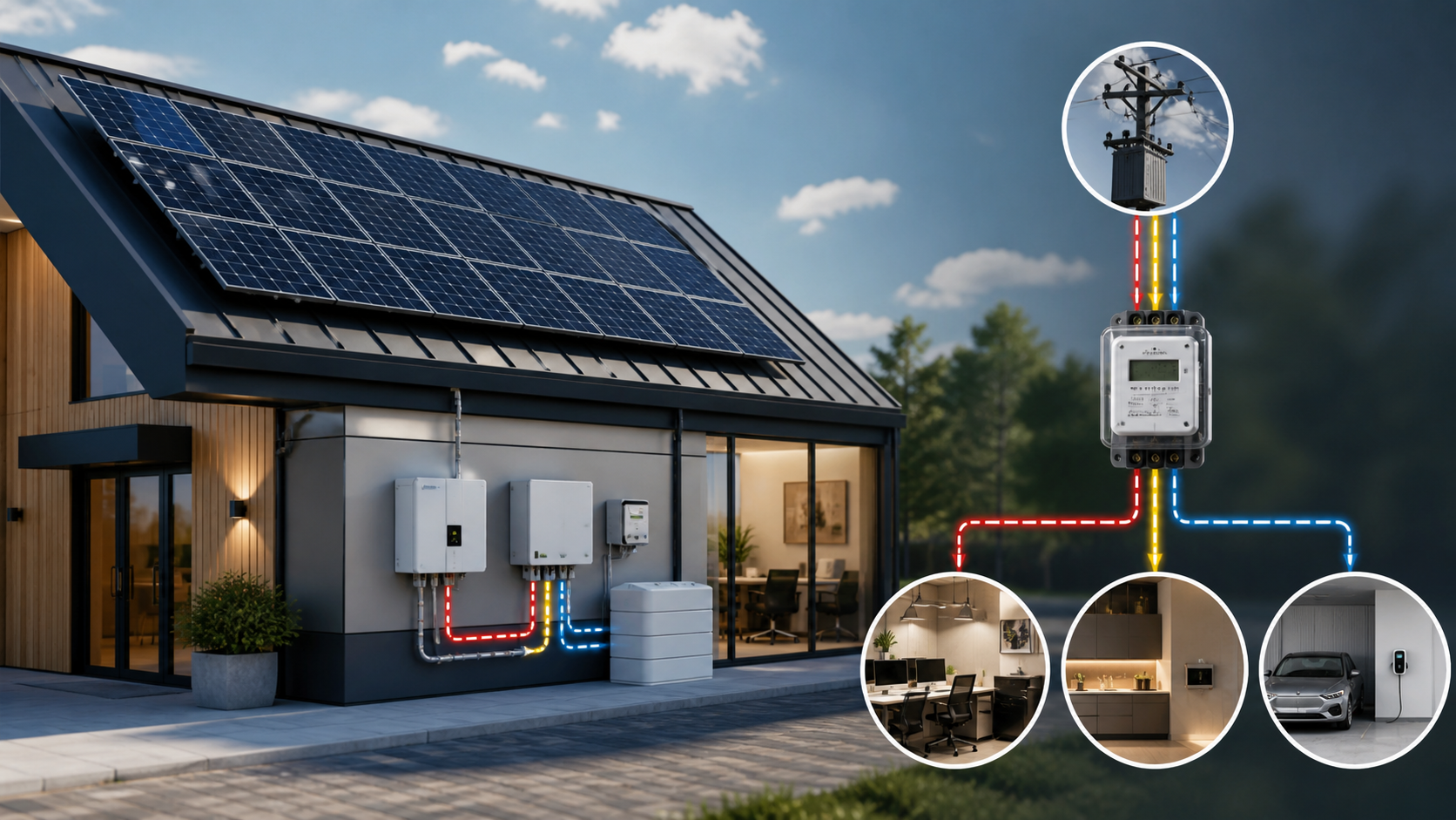 Schemat domu z instalacją fotowoltaiczną trójfazową i wizualizacją bilansowania międzyfazowego energii