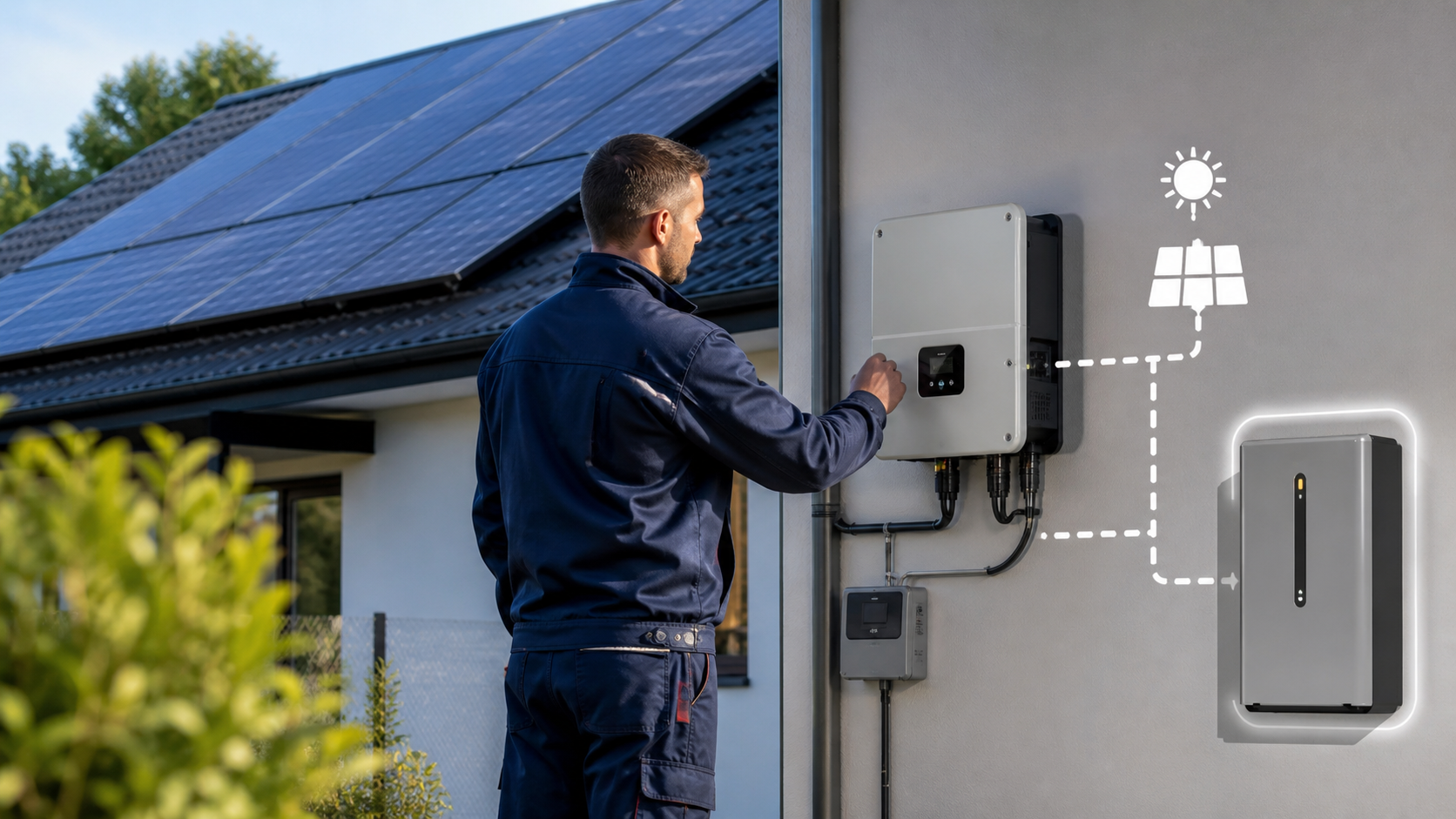 Technik przy instalacji fotowoltaicznej i falowniku hybrydowym podczas modernizacji systemu PV